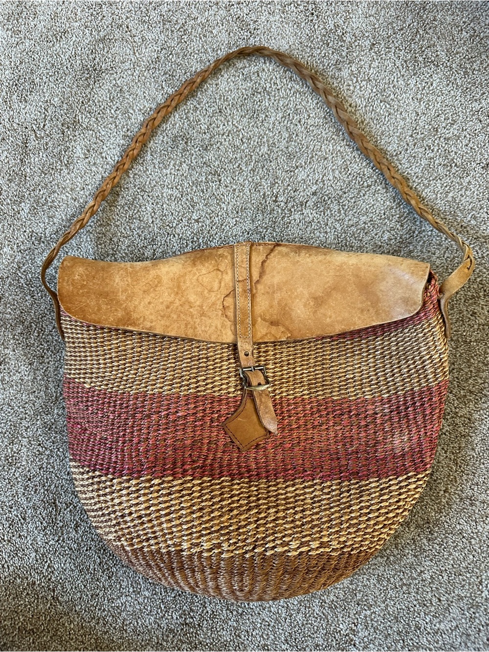 Woven Straw Shoulder Bag with Leather Flap - Tan & Red
